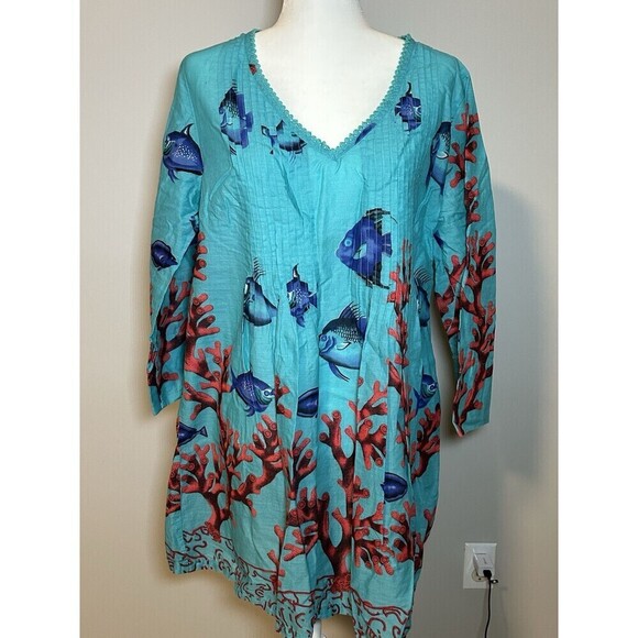 Soft Surroundings Seychelles Ocean Fish Print Pleated Beaded Tunic Top Size PL - Picture 1 of 9